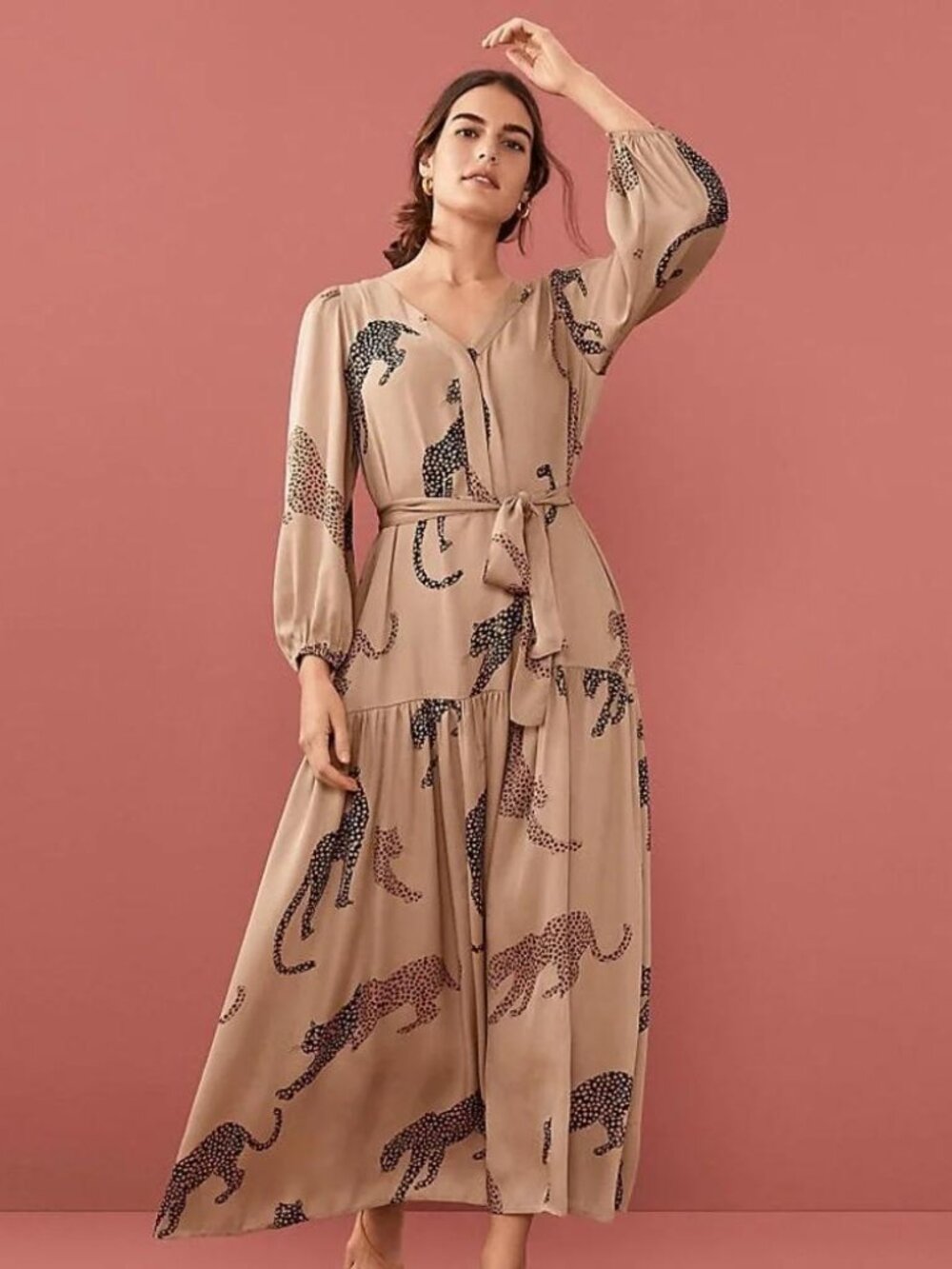Ann Taylor Cheetah Flare Print maxi dress belted satin drop waist tiered A-line